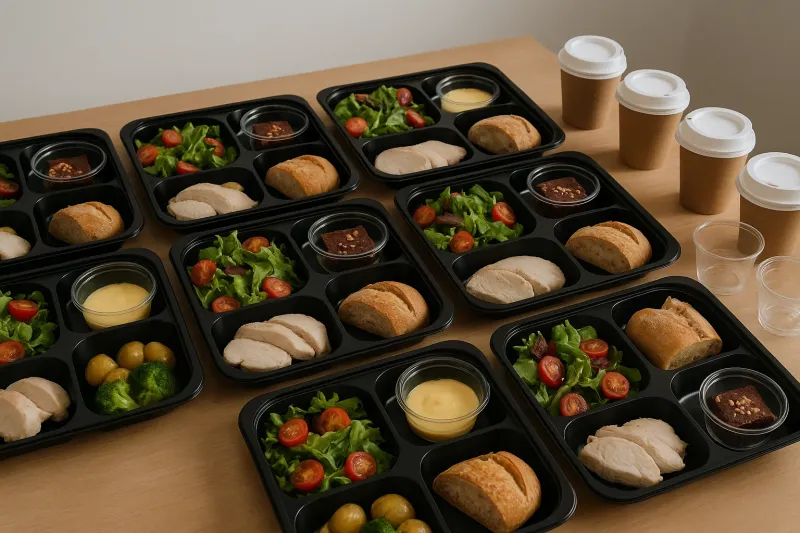 Plateaux-repas livrés pour une réunion d’équipe à Vitrolles avec options sans gluten et menu végétarien pour vos colaborateurs