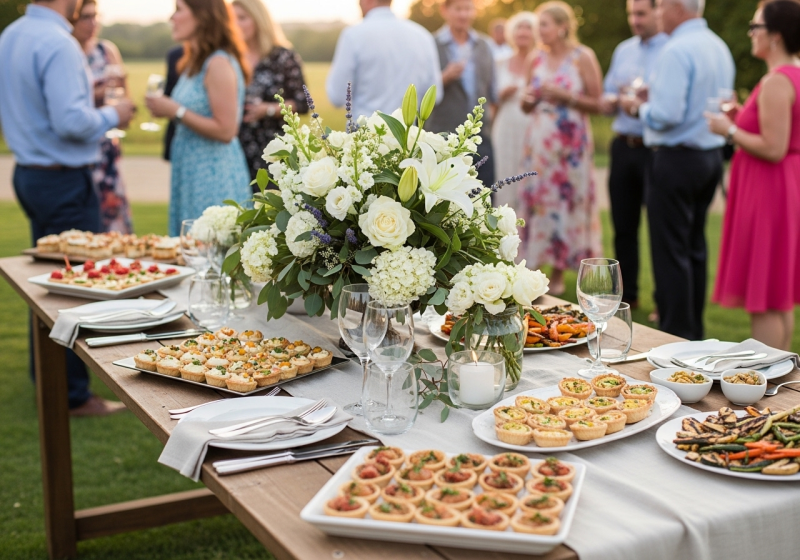 Cocktail dinatoire pour un mariage champêtre avec des produits locaux et une décoration florale à Istres